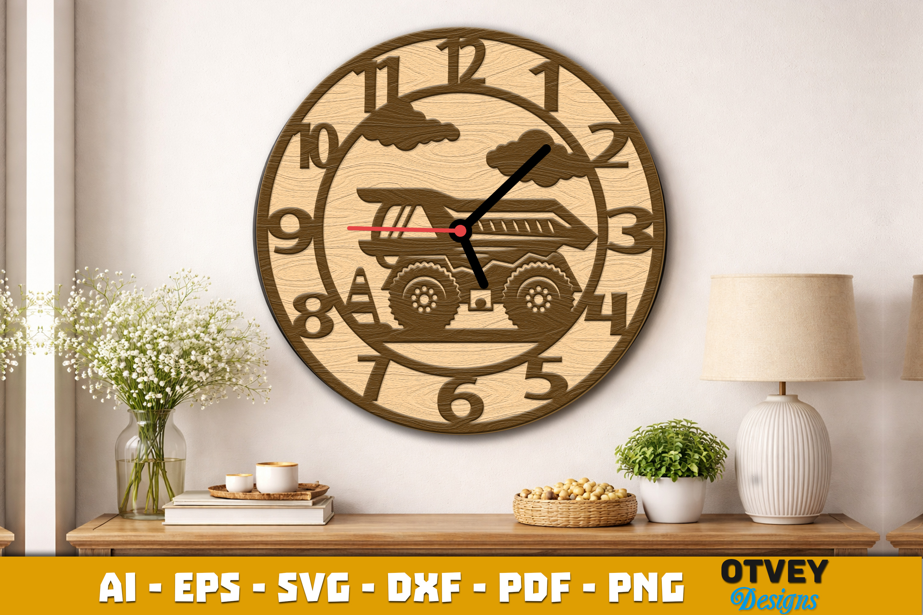 [Laser cut and engrave] Construction Truck Wall Clock for Kids Room