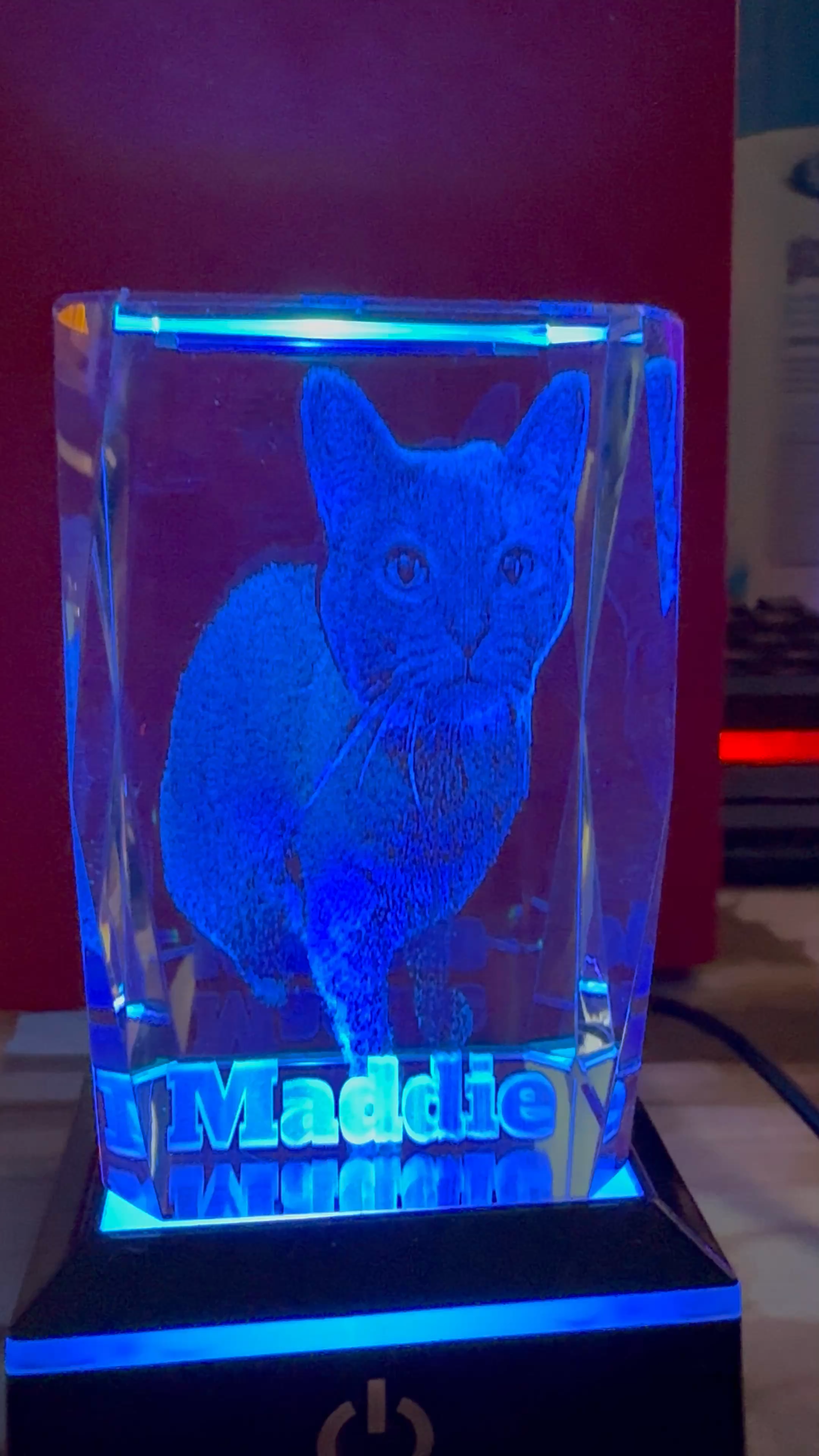 Crystal block with Maddie cat portrait and LED light base