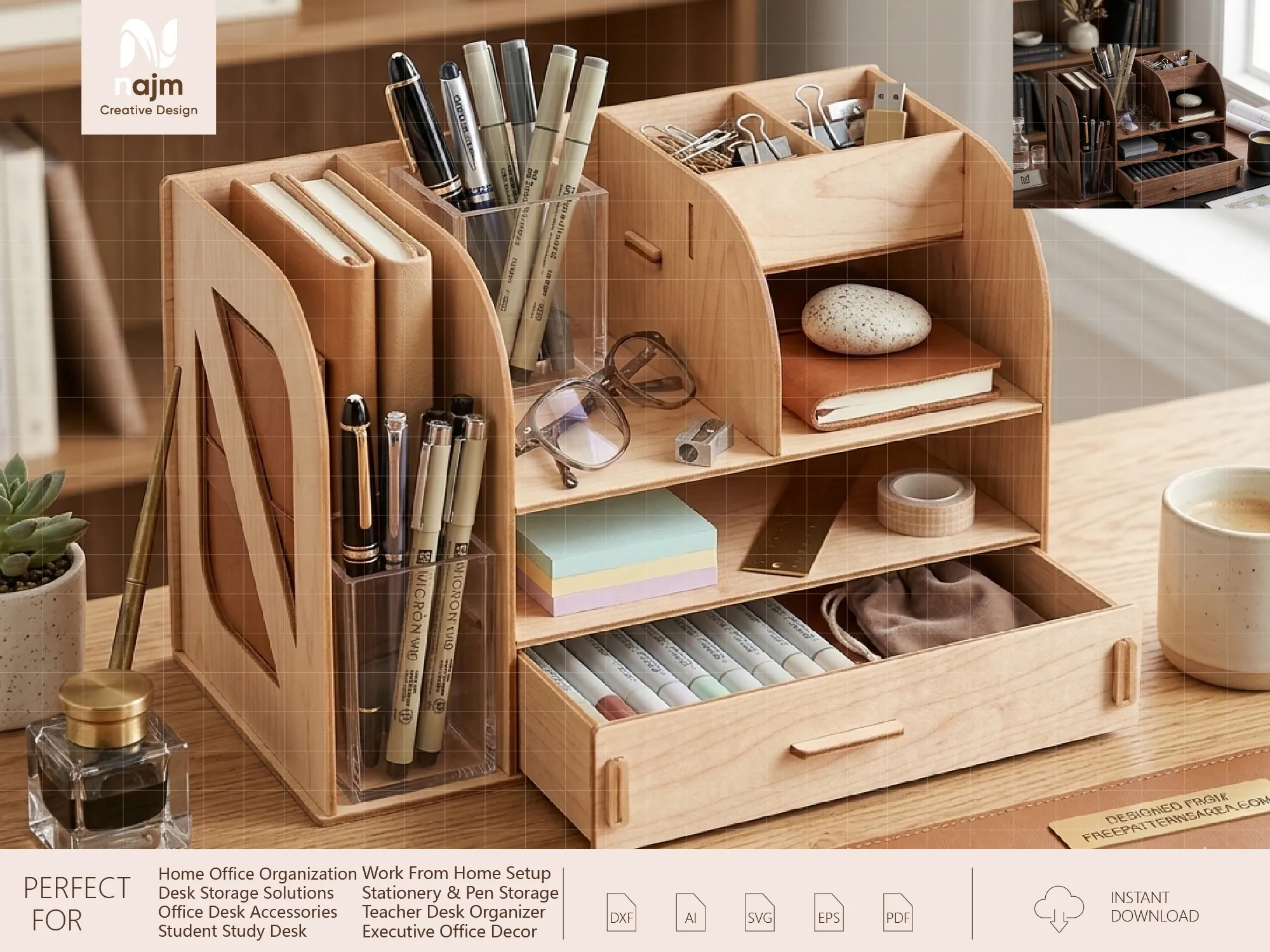 Wooden Desktop Organizer with Drawer and Stationery Storage