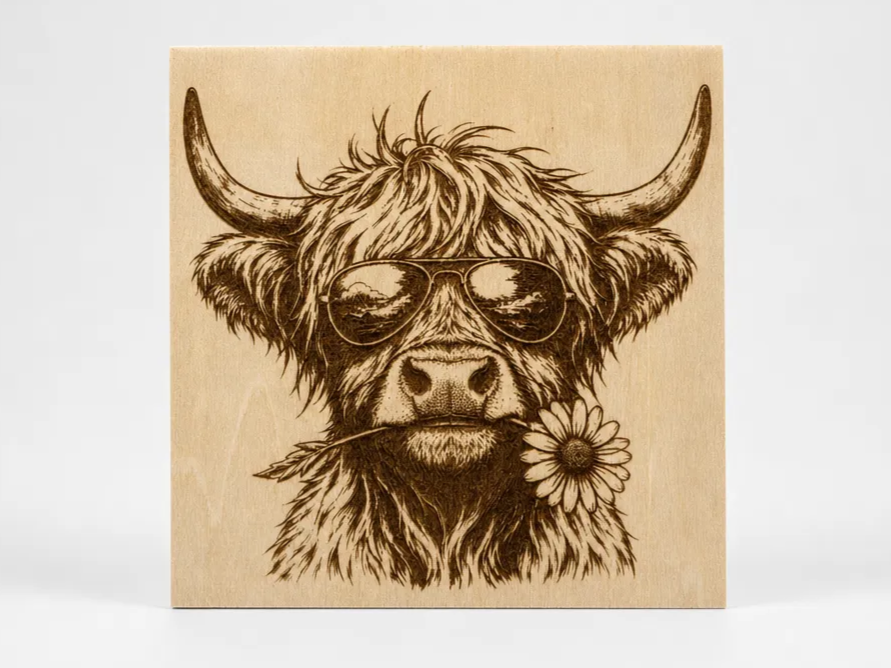 Highland Cow Wearing Sunglasses with a Daisy in Mouth Wooden Wall Art