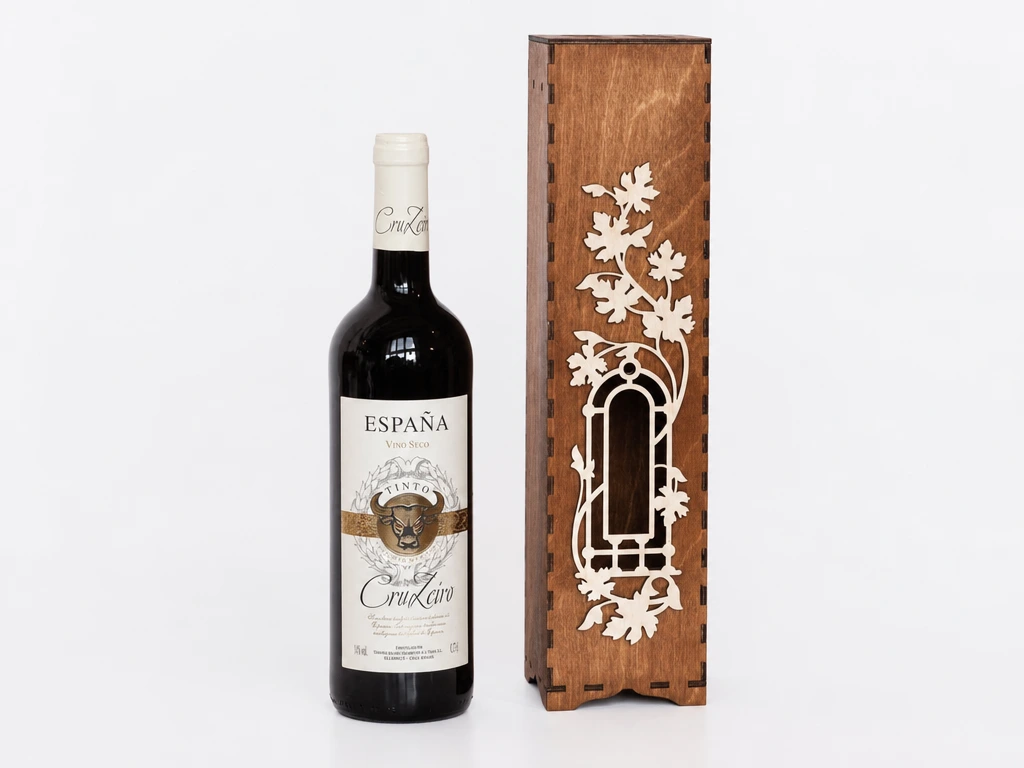 Wooden Wine Bottle Presentation Box with Grapevine Cutout Detail