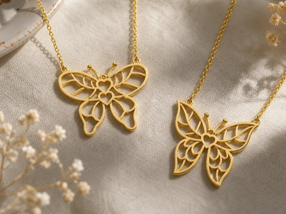 Gold Butterfly Pendant Necklace with Heart Cutout Details