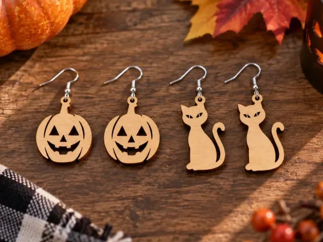 Halloween Pumpkin and Black Cat Dangle Earrings
