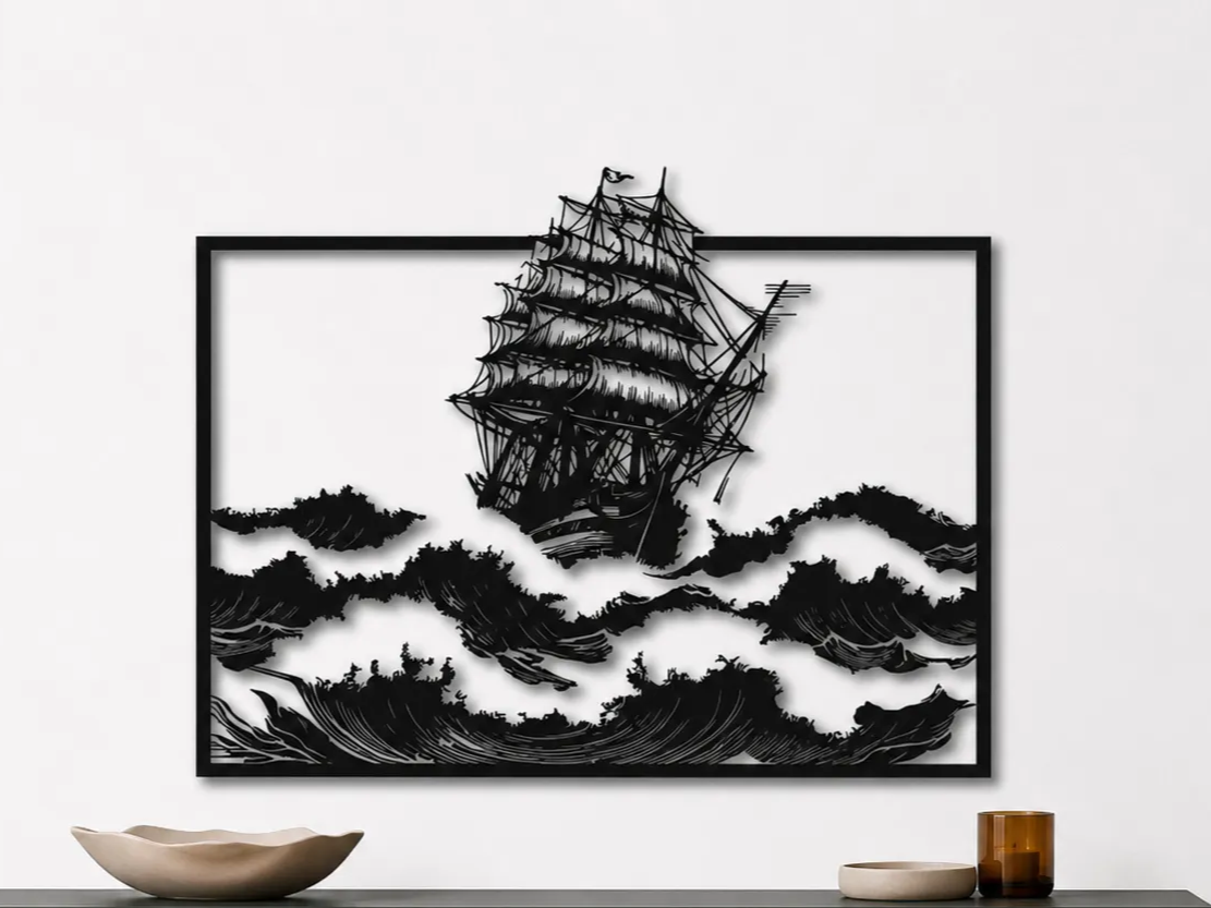 Sailing Ship Wall Art SVG | Vintage Pirate Ship SVG | Ocean Waves Decor | Nautical Laser Cut Wall Art | Digital Download