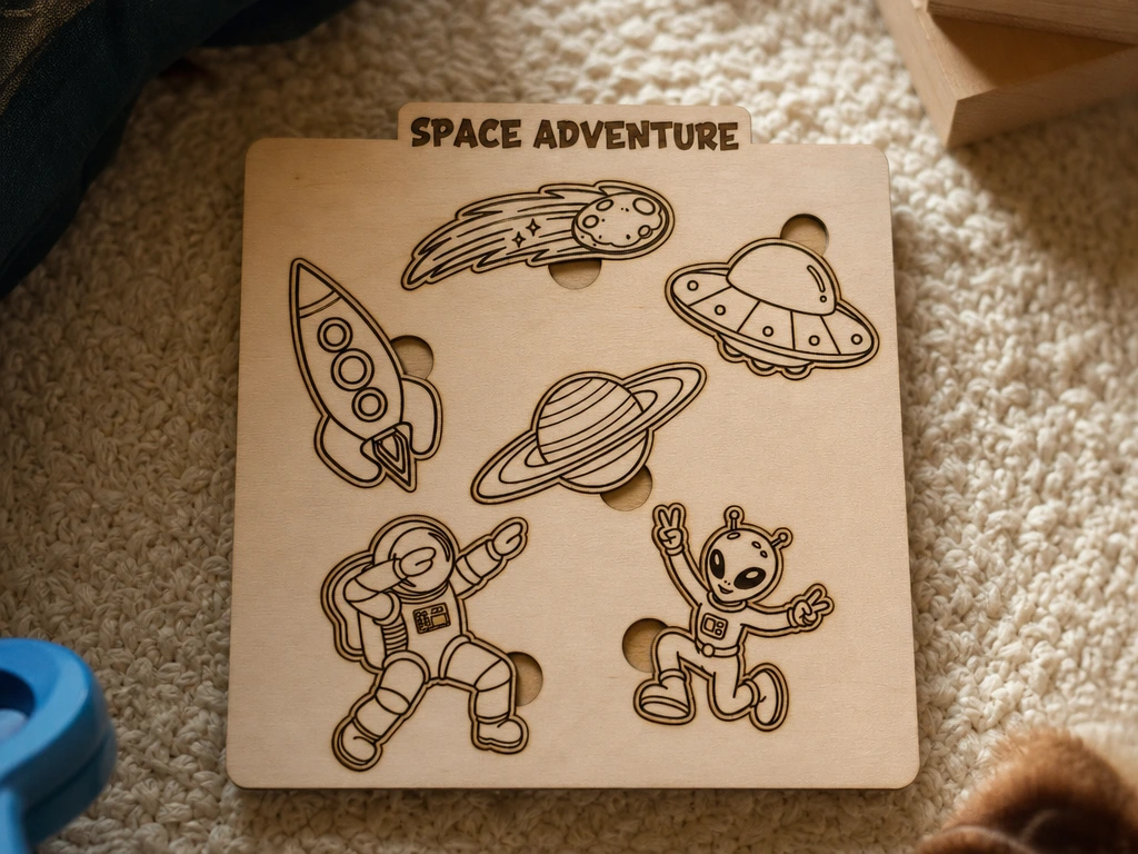 Space Adventure Wooden Puzzle for Kids | Educational Montessori Toy with Rocket, Astronaut, Alien and Planet Matching Game
