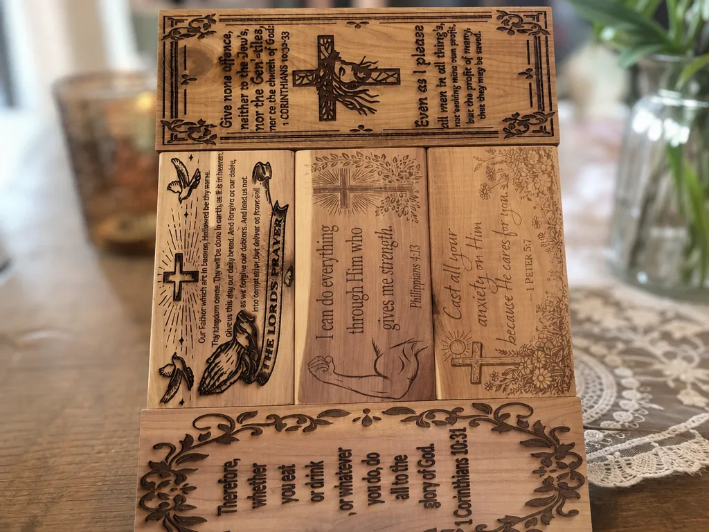 Wooden blocks set with engraved bible verses and christian scripture