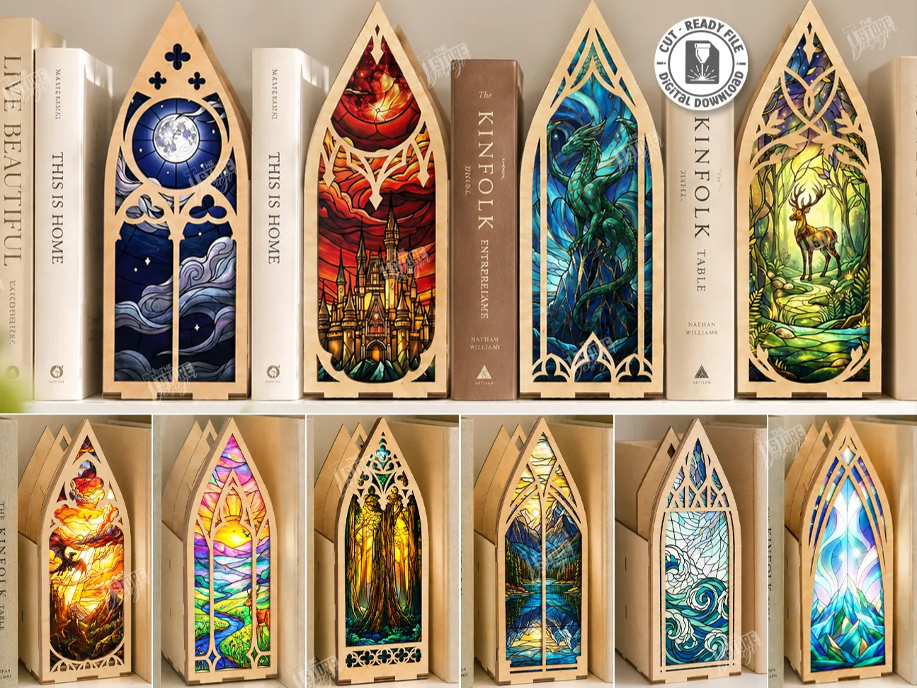 Fantasy stained-glass window book nook 3D layered shelf insert diorama with hidden storage