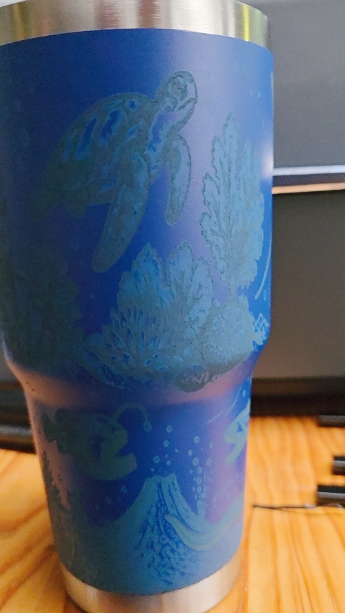 [Laser cut and engrave] Blue Stainless Steel Tumbler with Sea Turtle and Ocean Life Motif
