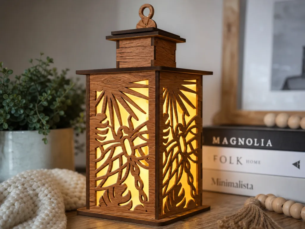 Wooden Dragonfly Motif Table Lantern with Warm Internal Glow