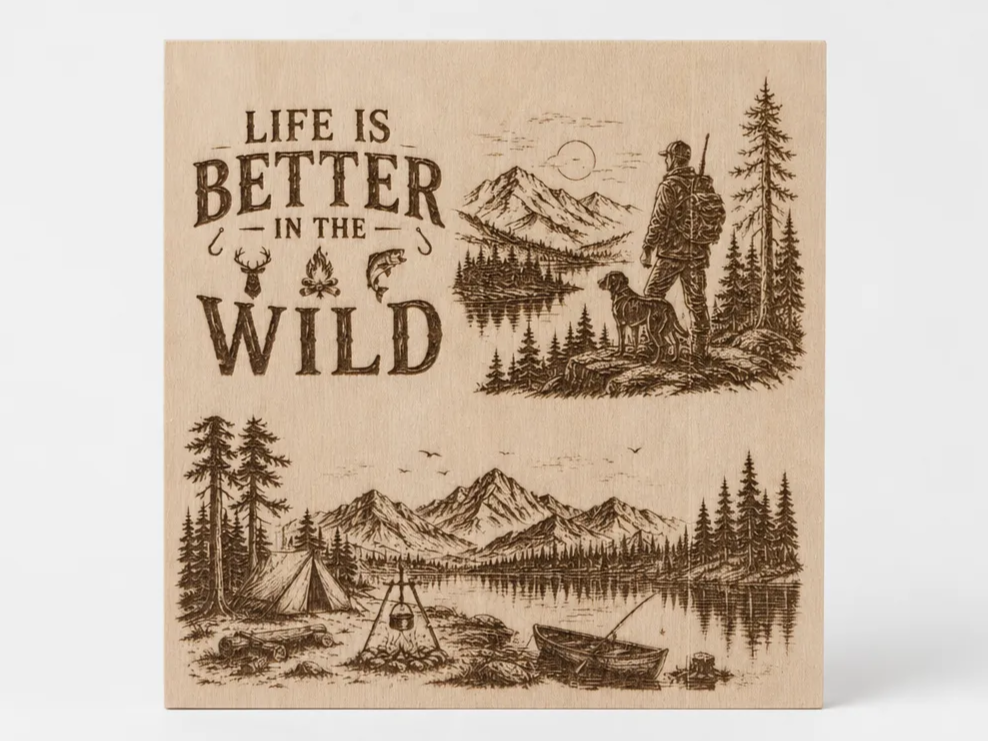 Life Is Better In The Wild Wooden Wall Sign with Camping and Hunting Scenes
