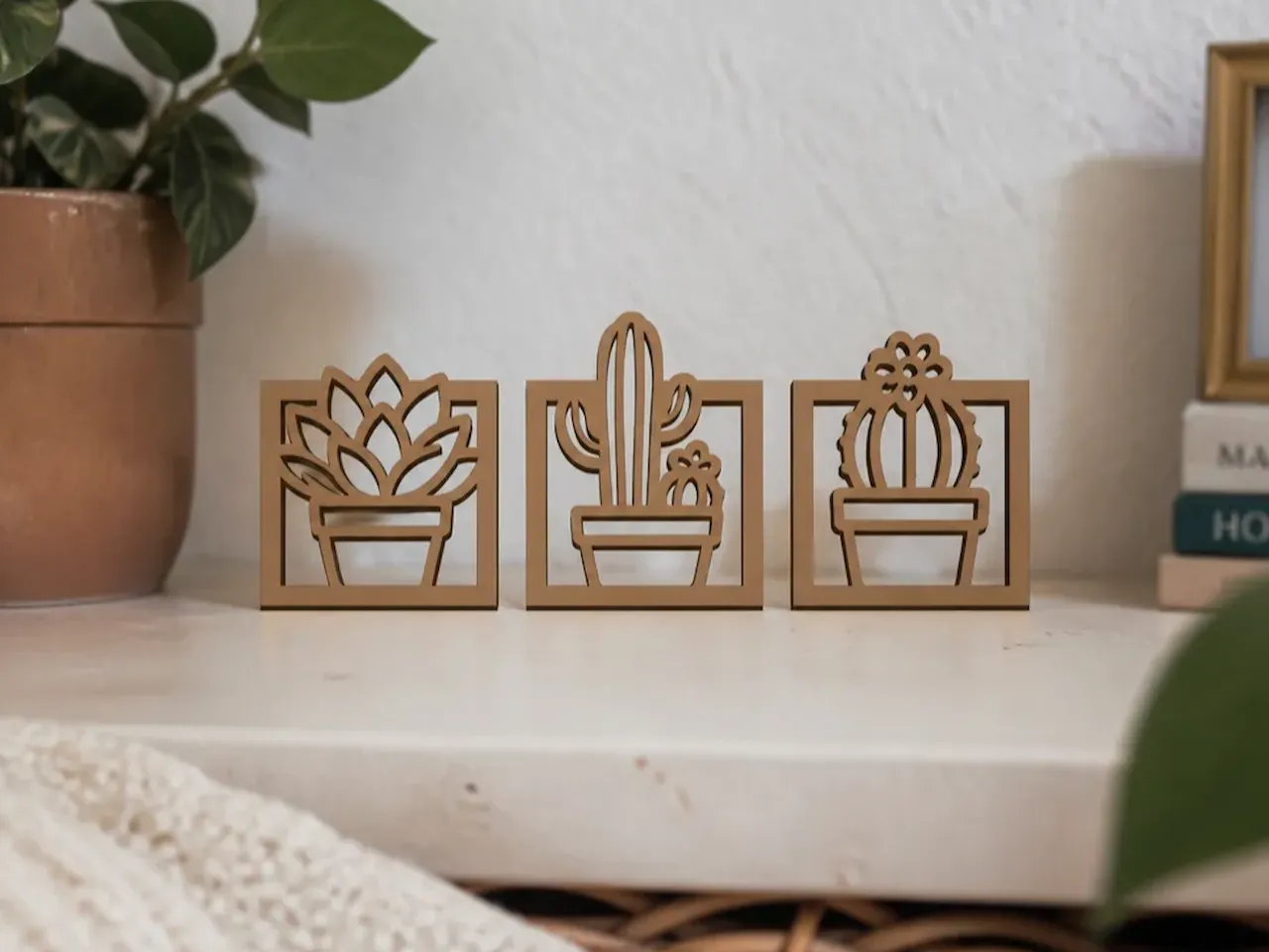 [Laser cut and engrave] Set of Three Square Potted Cactus and Succulent Wall Art