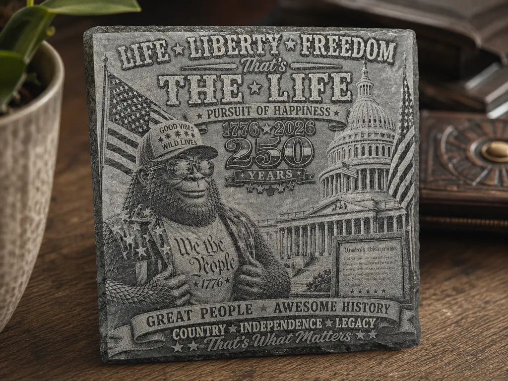 Patriotic Bigfoot 250th Anniversary July 4th Commemorative Slate Coaster in Front of US Capital