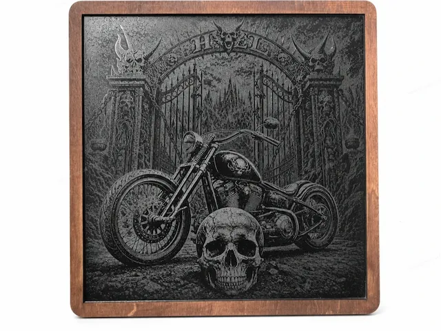 Framed Wall Art Featuring Motorcycle and Skull Gothic Illustration