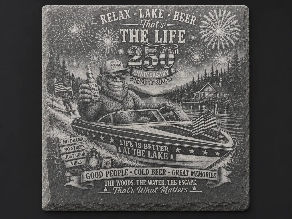 Bigfoot Boating July 4th 250th Anniversary Commemorative Slate Coaster
