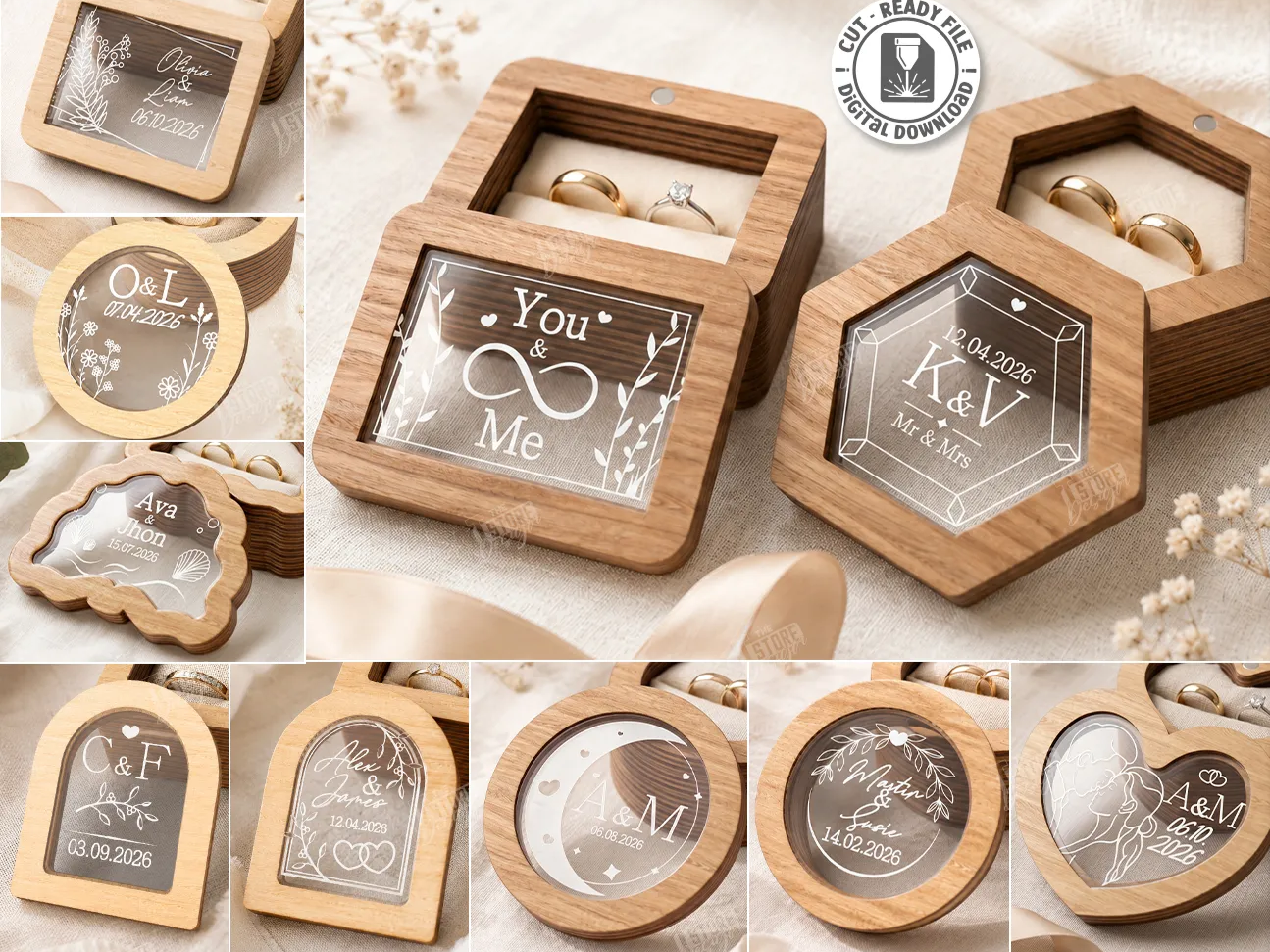 Personalized Wooden Wedding Ring Bearer Box with Clear Acrylic Lid Laser Cut Bundle. Wedding Day. Ring Box