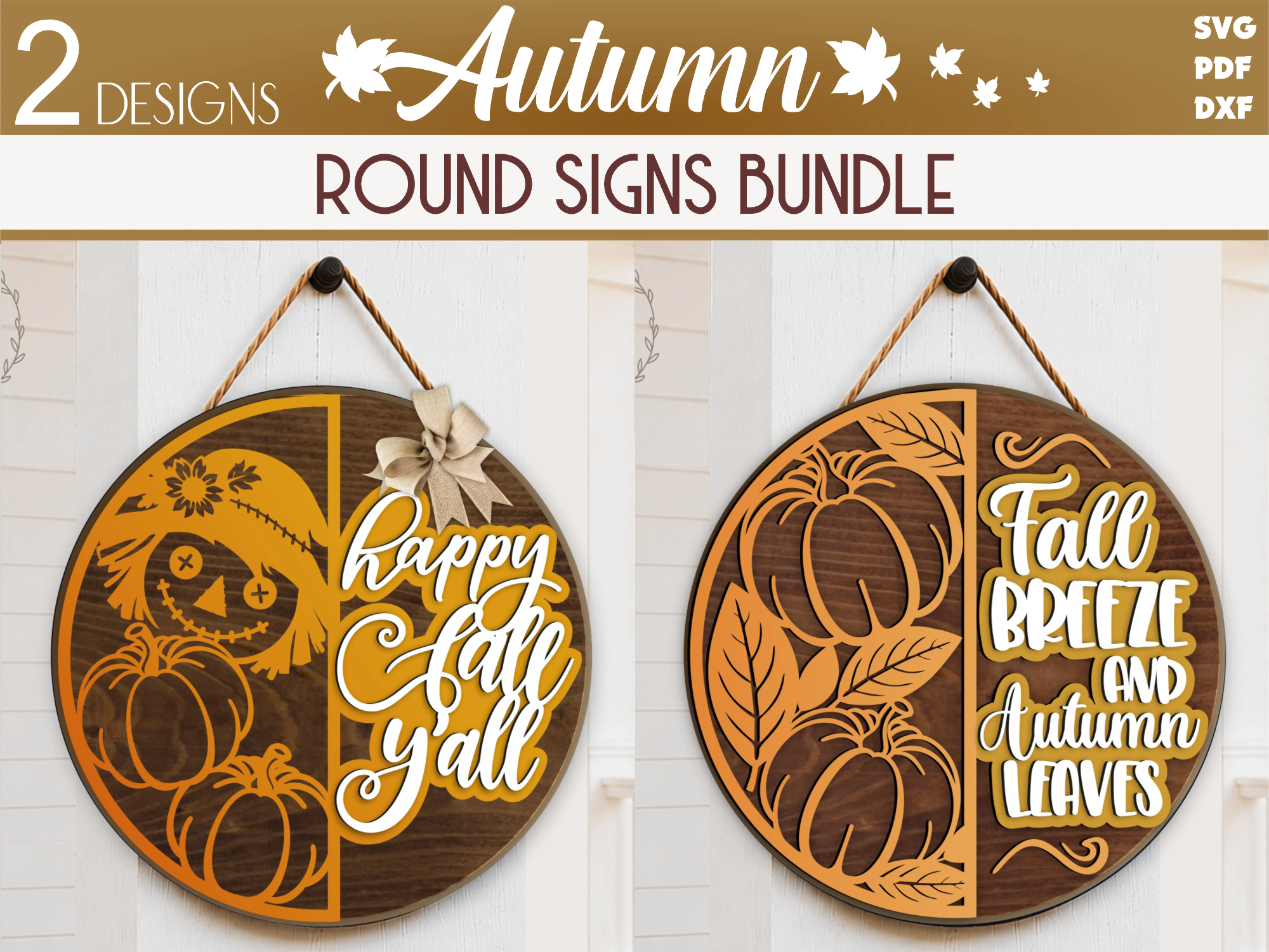 Fall Door Hanger SVG Bundle, Autumn Round Door Sign with Scarecrow, Happy Fall Y'all Round Sign, Pumpkin Welcome Sign,Glowforge, CNC, Xtool