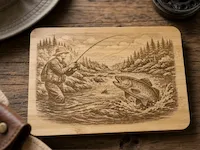 [Laser cut and engrave] Wooden cutting board featuring a fly fisherman catching a trout in a river
