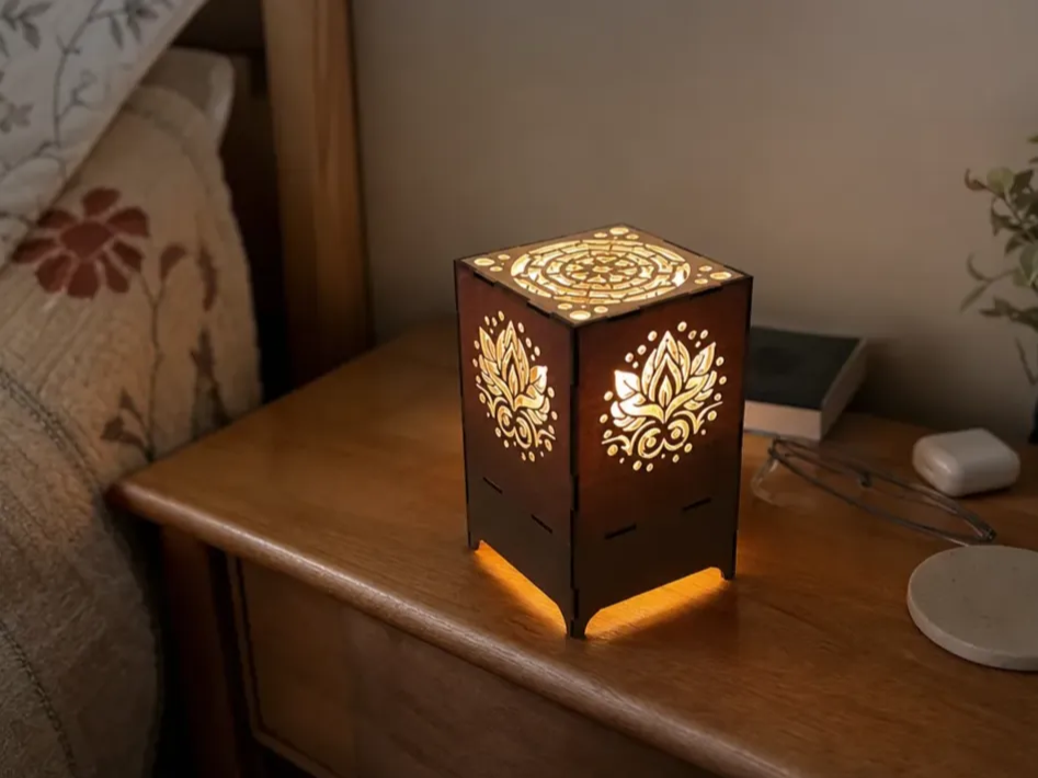 Lampe de chevet carrée en bois avec motif de fleur de lotus