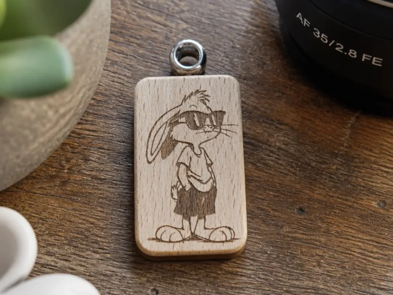 [Laser cut and engrave] Wooden pendant featuring a cool rabbit character with sunglasses