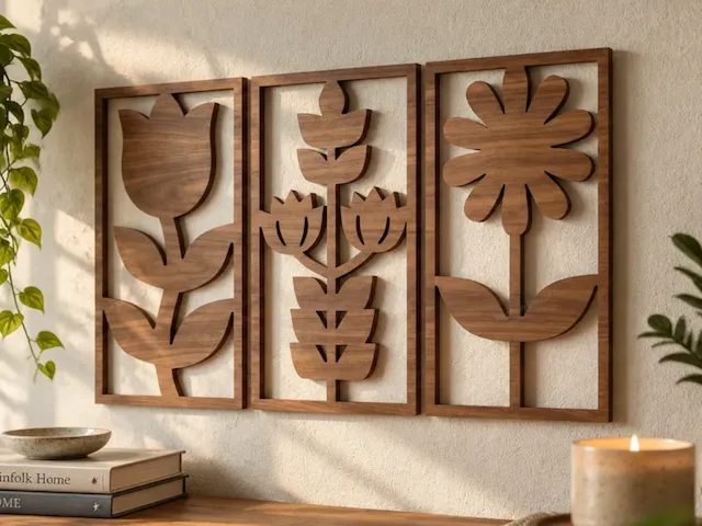 Three Piece Floral Wooden Wall Art Set