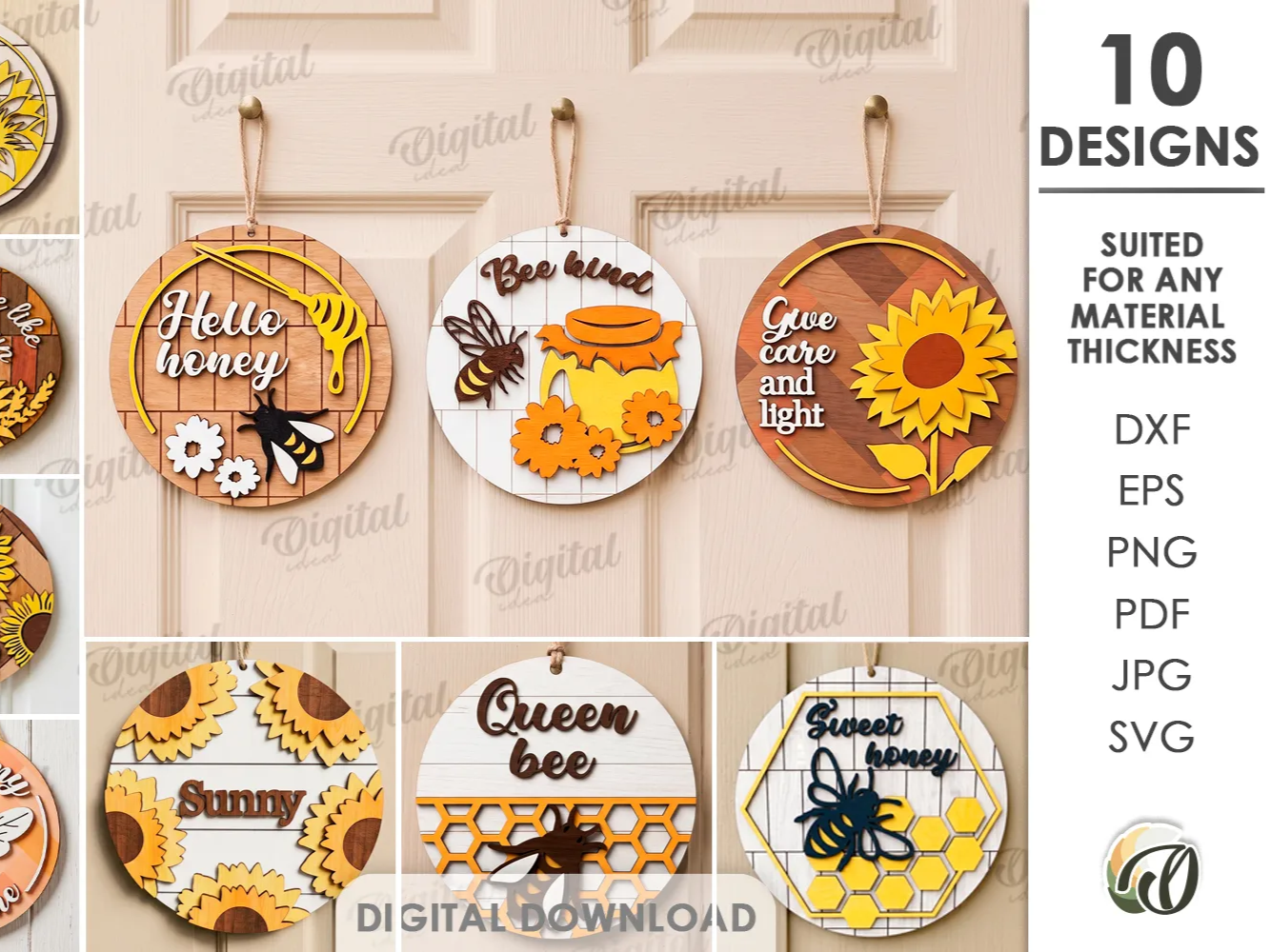 Bee and Sunflower Round Signs Bundle. Layered Door Hanger Laser Cut File. Honey Bee Wall Decor. Farmhouse Porch Sign. Bee Quotes SVG