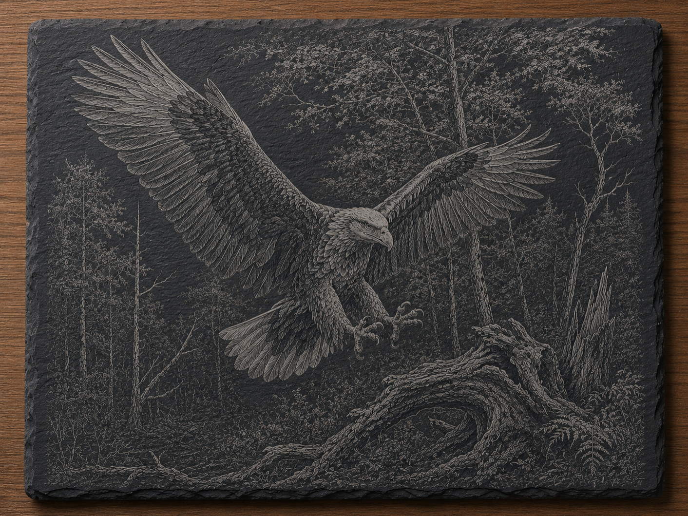 Slate Plaque Featuring an Eagle Landing in a Forest