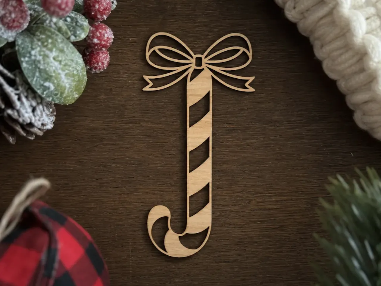 [Laser cut and engrave] Candy Cane Christmas Ornament with Bow