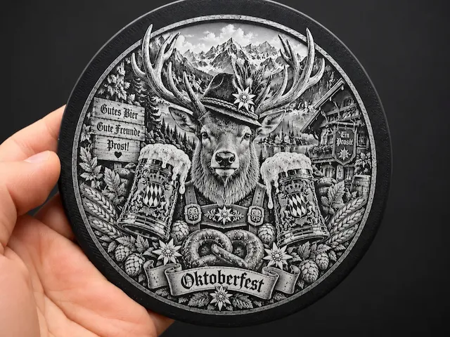 Oktoberfest Themed Round Wall Plaque Featuring a Deer and Beer Steins