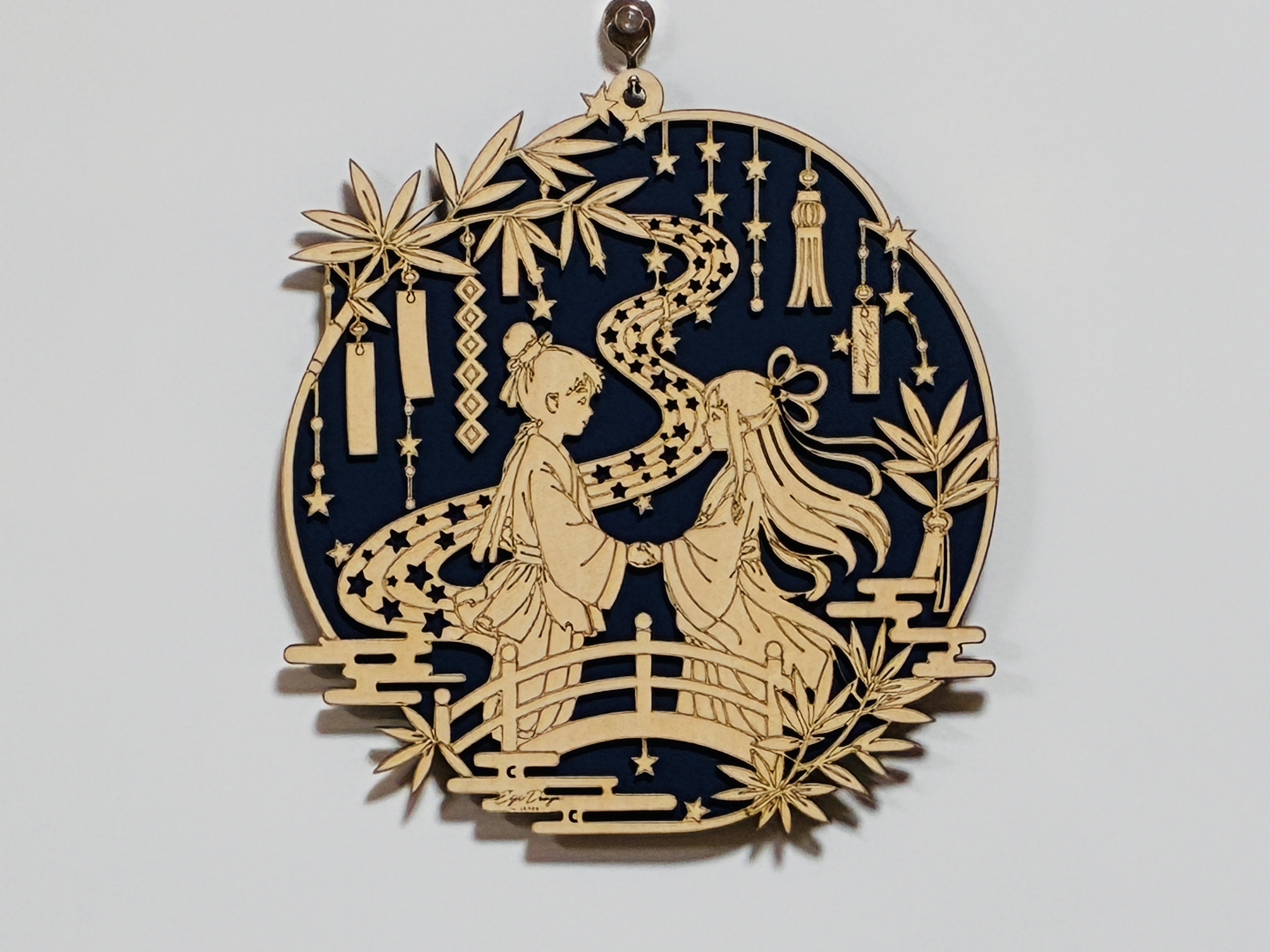 A circular wall-hanging decoration depicting Orihime and Hikoboshi from Tanabata instruction: step 3 - 