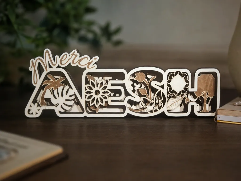Panneau décoratif en bois avec inscription Merci Aesh et motifs floraux