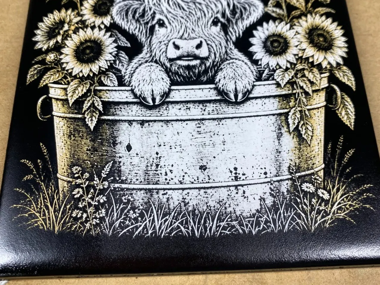[Laser cut and engrave] Highland Cow in a Metal Tub with Sunflowers Wall Tile