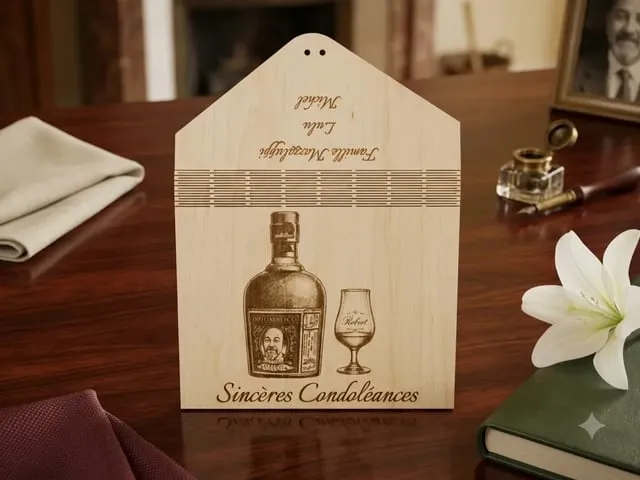 Plaque commémorative en bois avec motif bouteille et verre pour condoléances