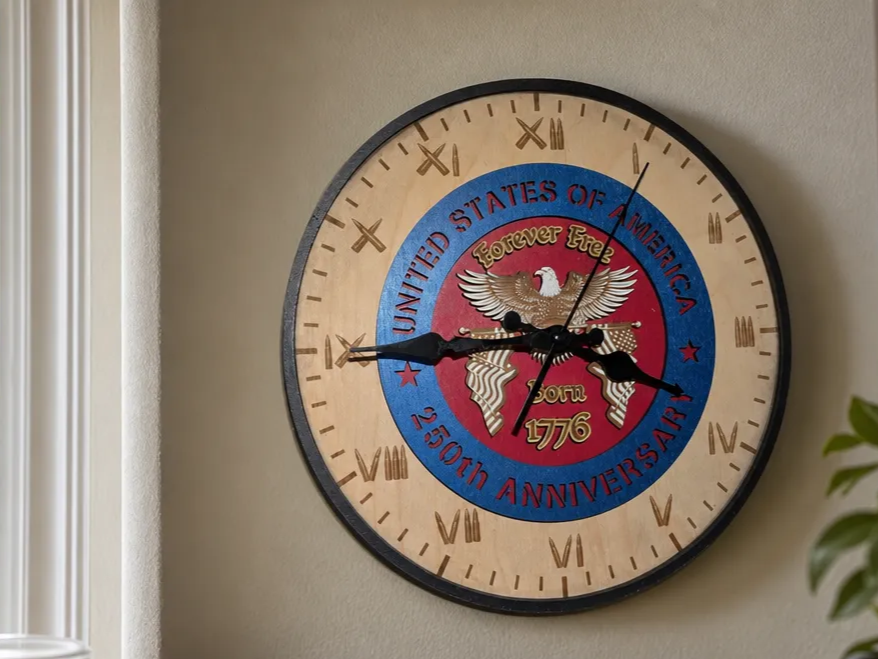 "America's 250th Anniversary Clock" Laser Engraved and Cut Patriotic Wall Clock