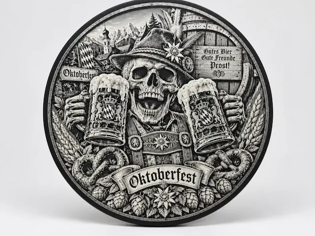 Oktoberfest Skull Wall Plaque with Beer Steins and Bavarian Motif