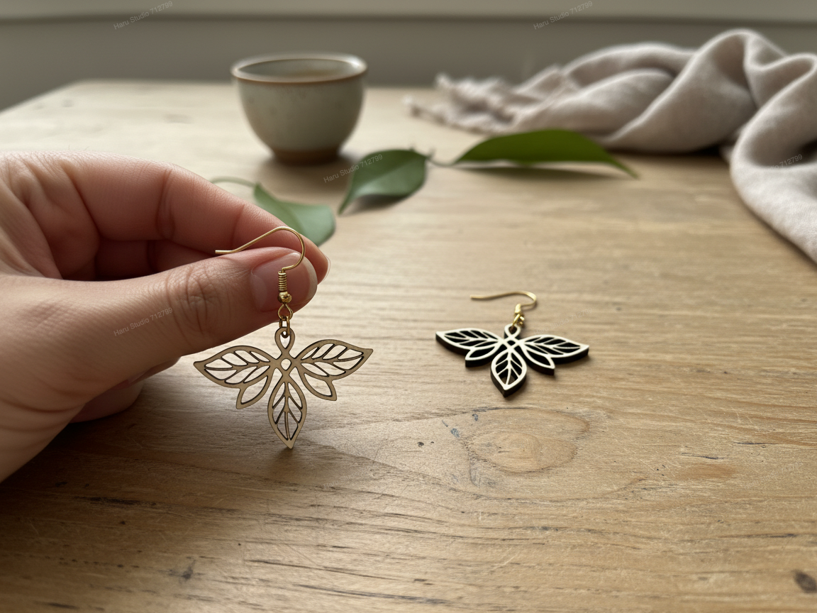 Leaf Motif Dangle Earrings with Geometric Cutout Detail