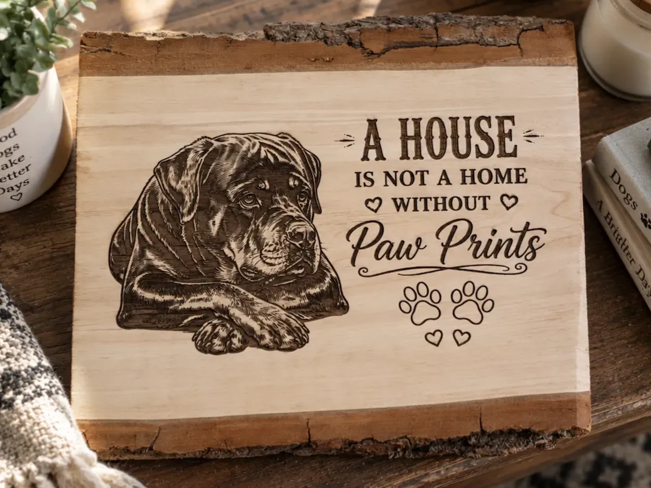 [Laser cut and engrave] Rottweiler Dog Memorial Wood Sign with Paw Prints Quote