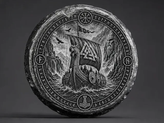 Viking Longship Round Stone Plaque with Norse Runes and Mythology Symbols