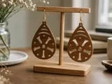 [Laser cut and engrave] Teardrop Shaped Wooden Earrings with Floral Cutout Detail