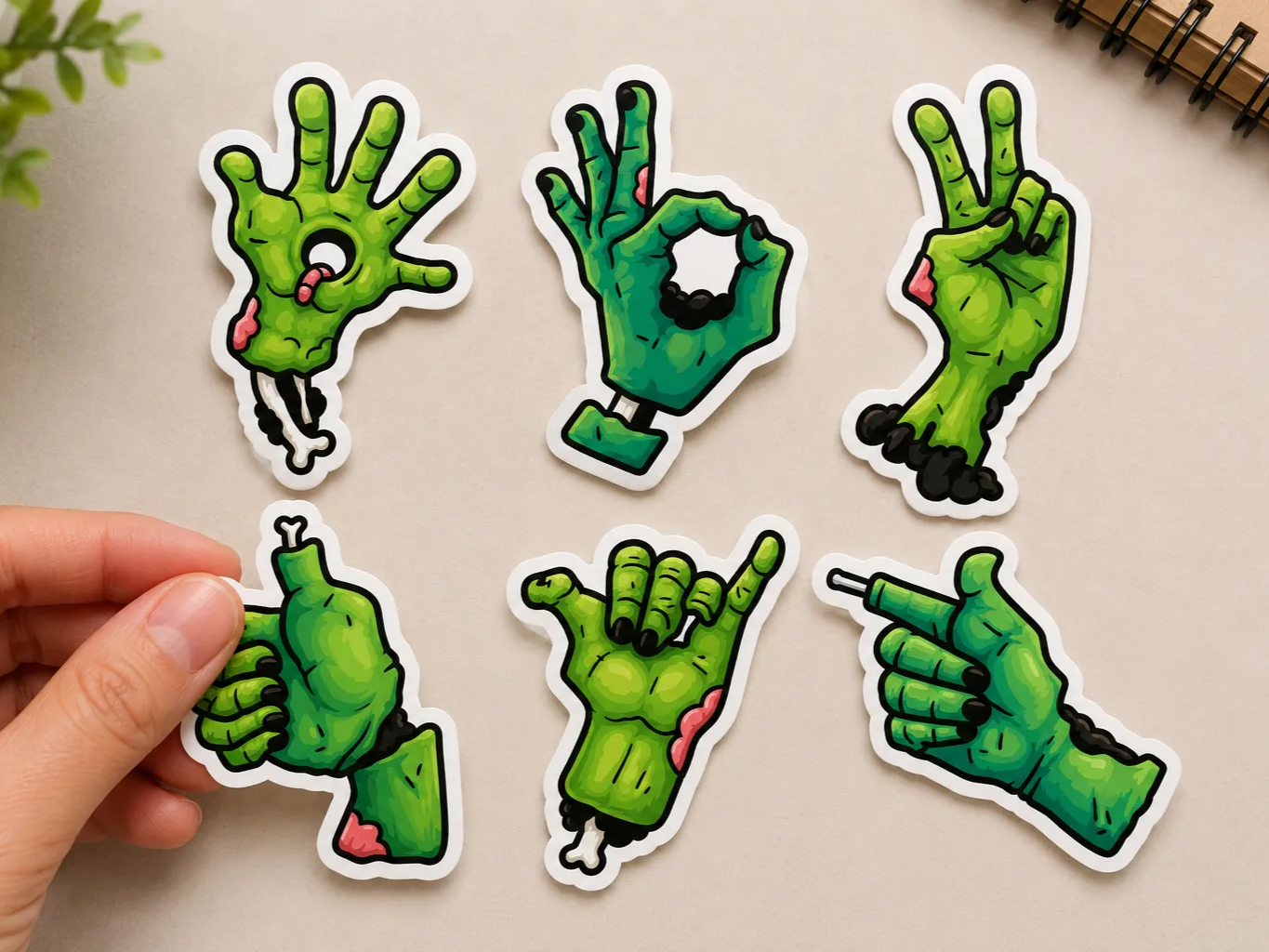Set of Green Zombie Hand Stickers with Various Gestures