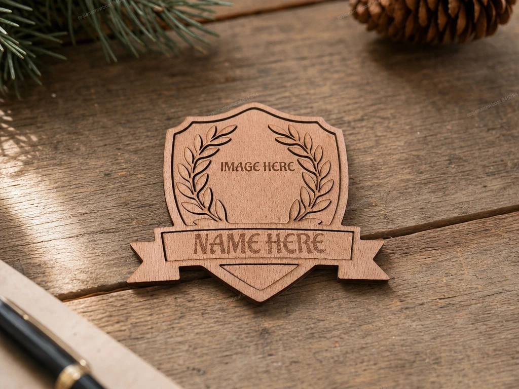 Wooden Shield Plaque with Laurel Wreath and Name Banner