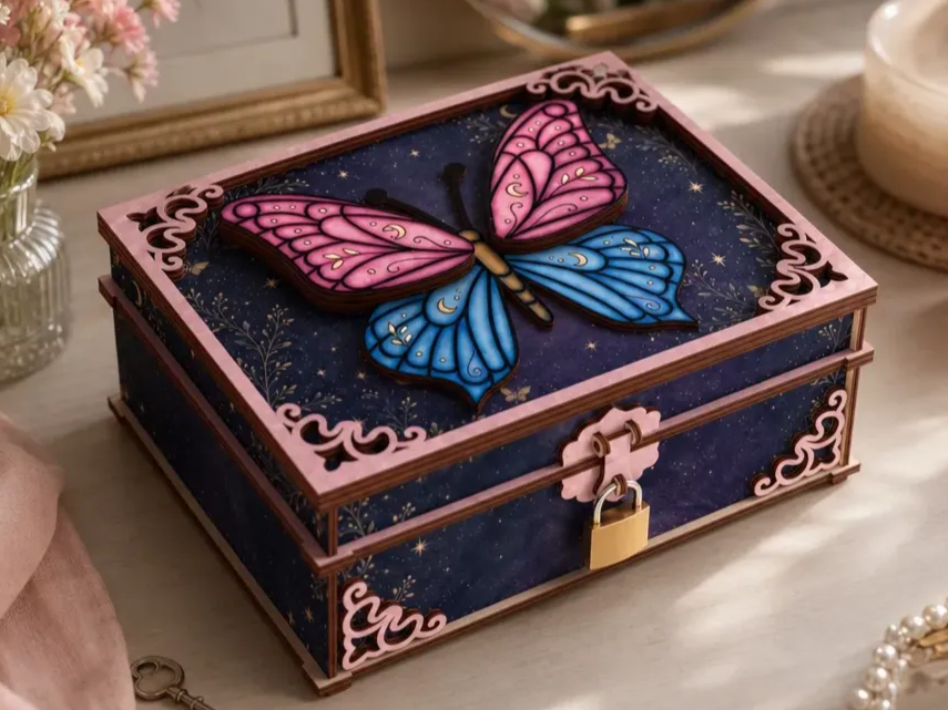 Hidden Key Box Laser Cut. Butterfly Shape. Storage Box. 3D Design. Free Design. Jewelry Box