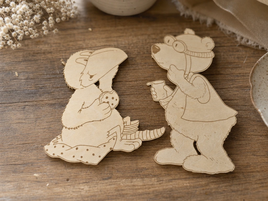 Holzfiguren mit Eddie-Bär und Rabe Socke Vogel als Kinderzimmer Wanddekoration