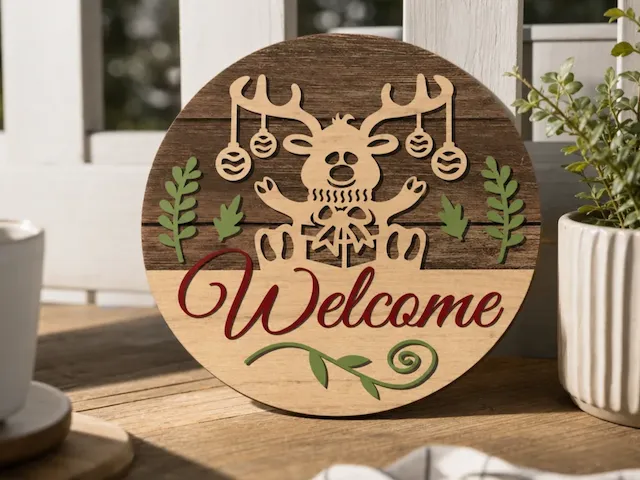 Round Wooden Welcome Sign Featuring a Reindeer with Christmas Ornaments