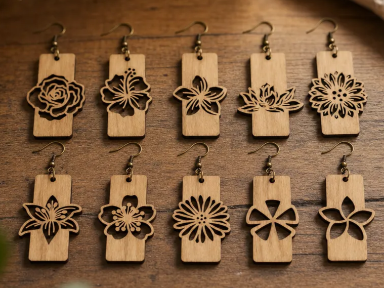 Floral Cutout Wooden Rectangle Dangle Earrings