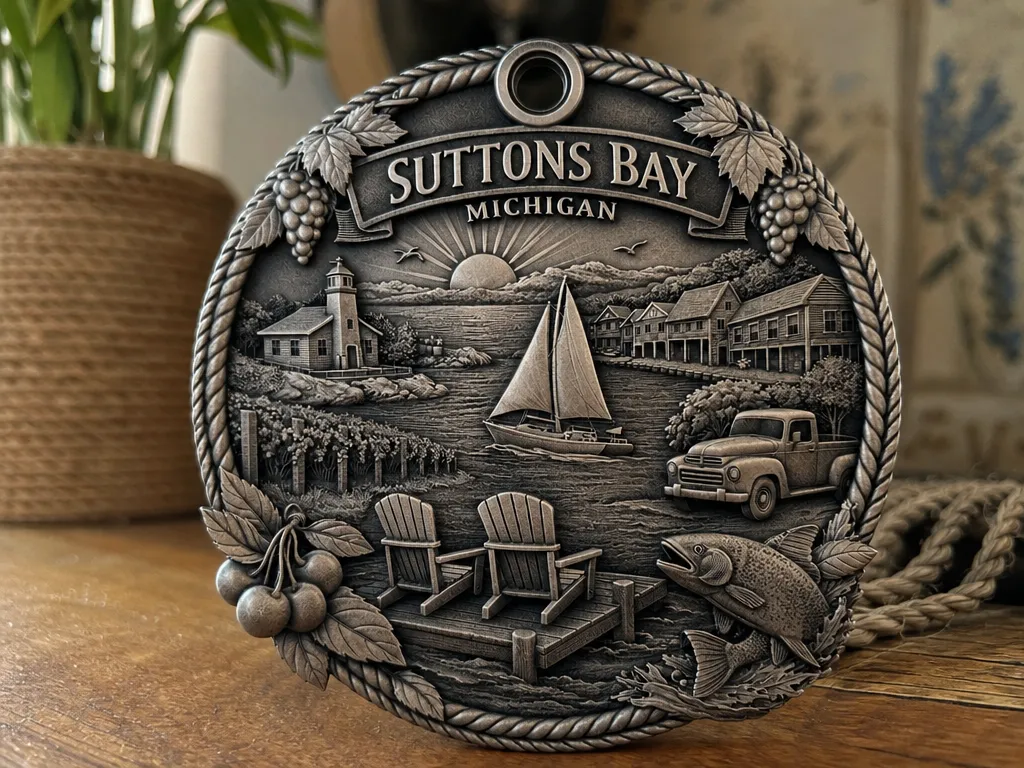 Suttons Bay Michigan Souvenir Metal Ornament or Keychain or Keyring with Coastal Landscape