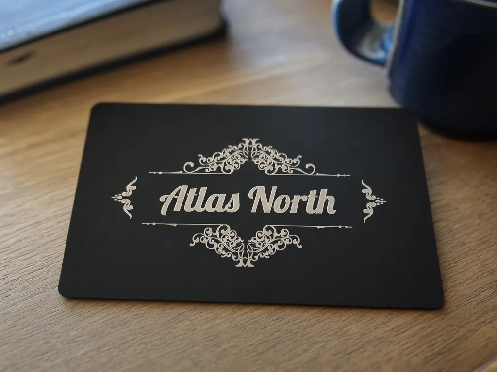 Atlas North Black Metal Business Card with Ornate Filigree Border