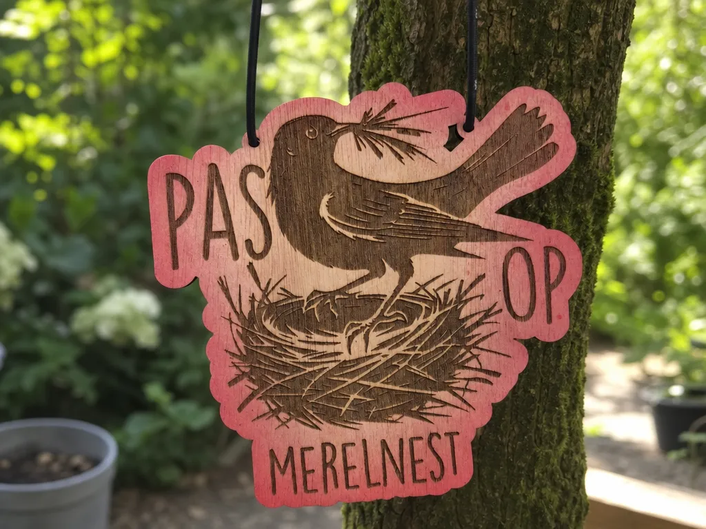 Pas Op Merelnest - Hanging Sign with Blackbird and Nest Illustration