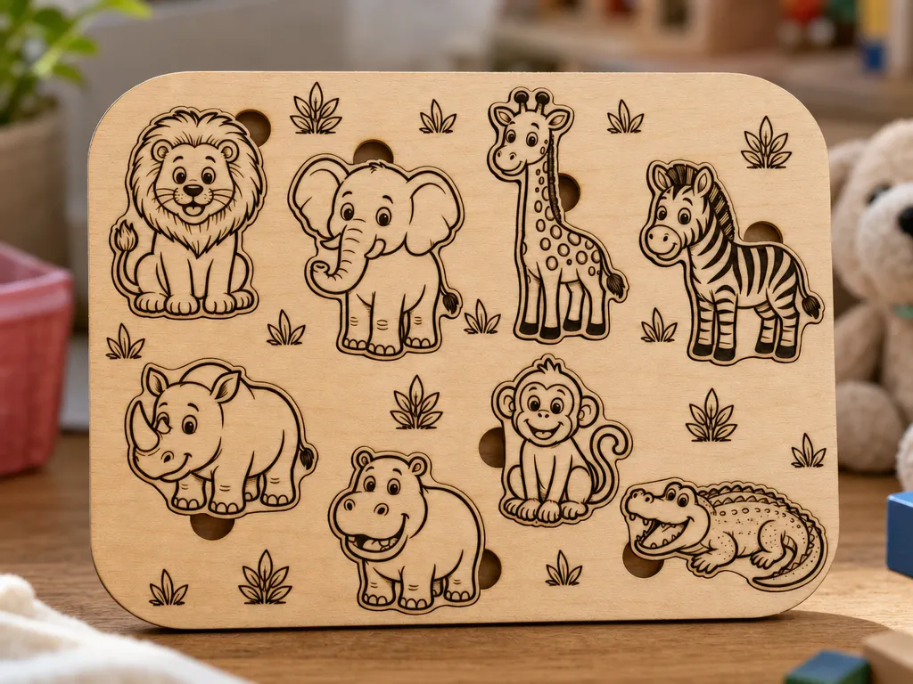Safari Animals Montessori-Inspired Wooden Puzzle | 8 Piece Safari Animal Name Learning Puzzle