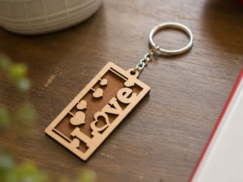 Love wooden keychain with heart accents