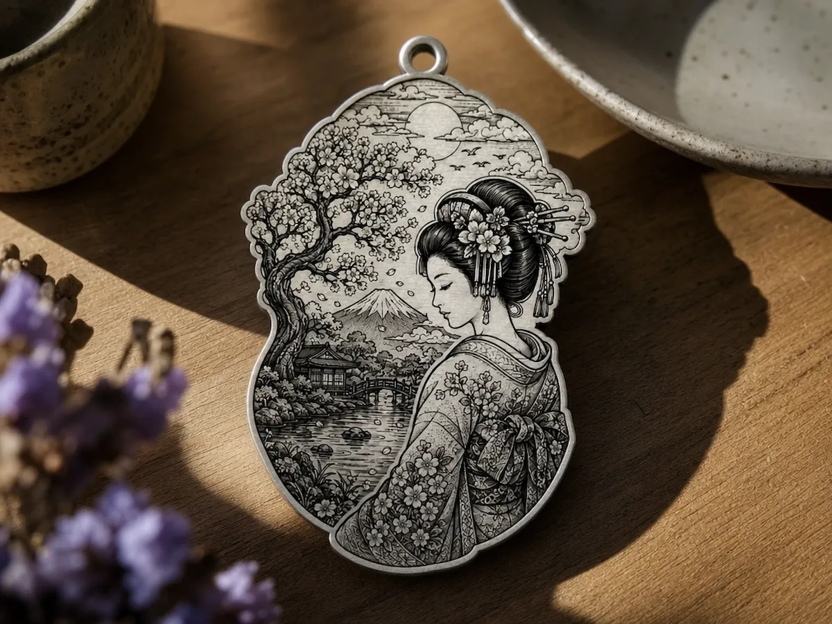 [Laser cut and engrave] Geisha and Mount Fuji Landscape Pendant
